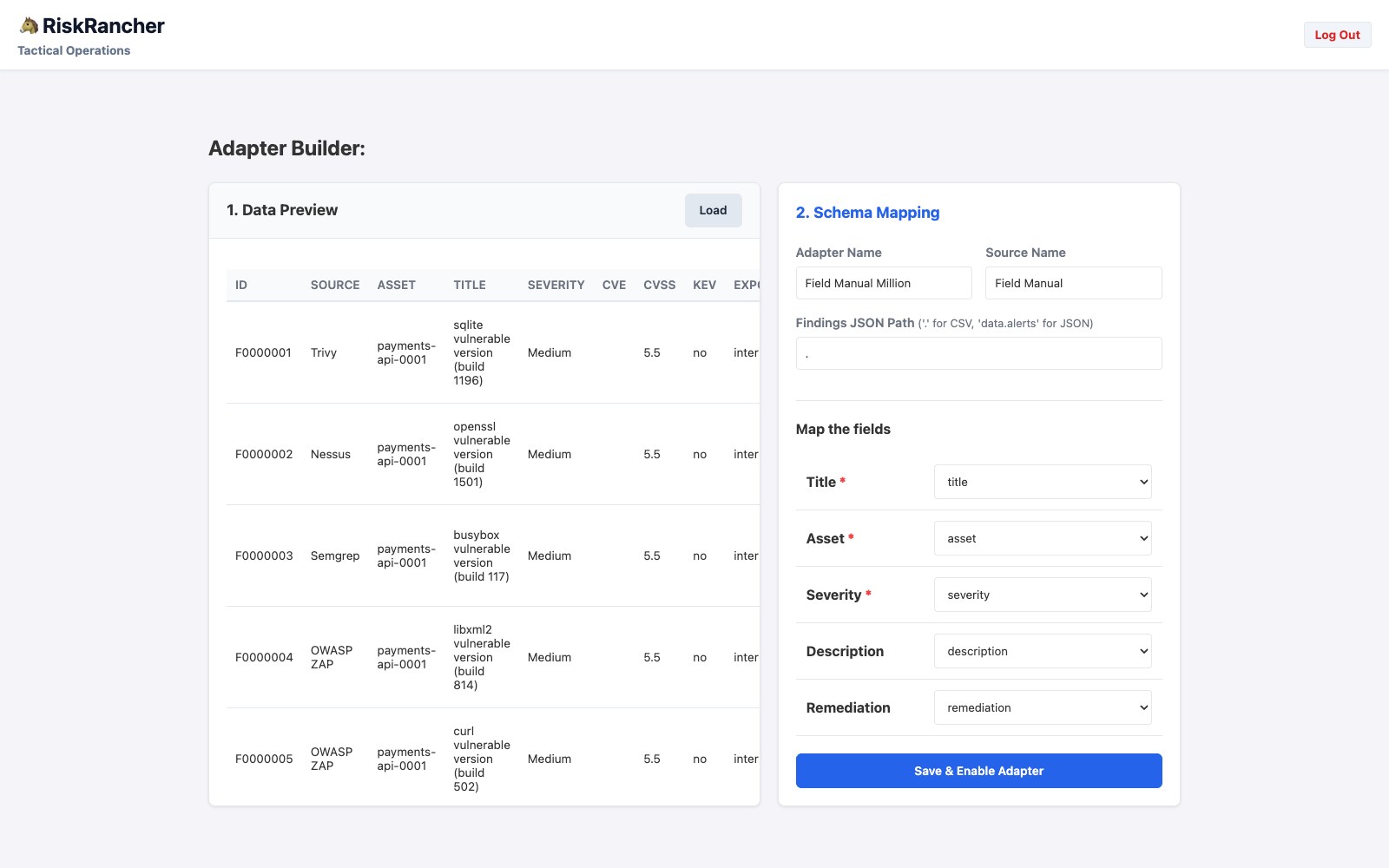 The Adapter Builder with findings-1m.csv loaded: a preview row on the left, and on the right the adapter named, the source set, and title, asset, severity, description, and remediation mapped to the file&rsquo;s columns.