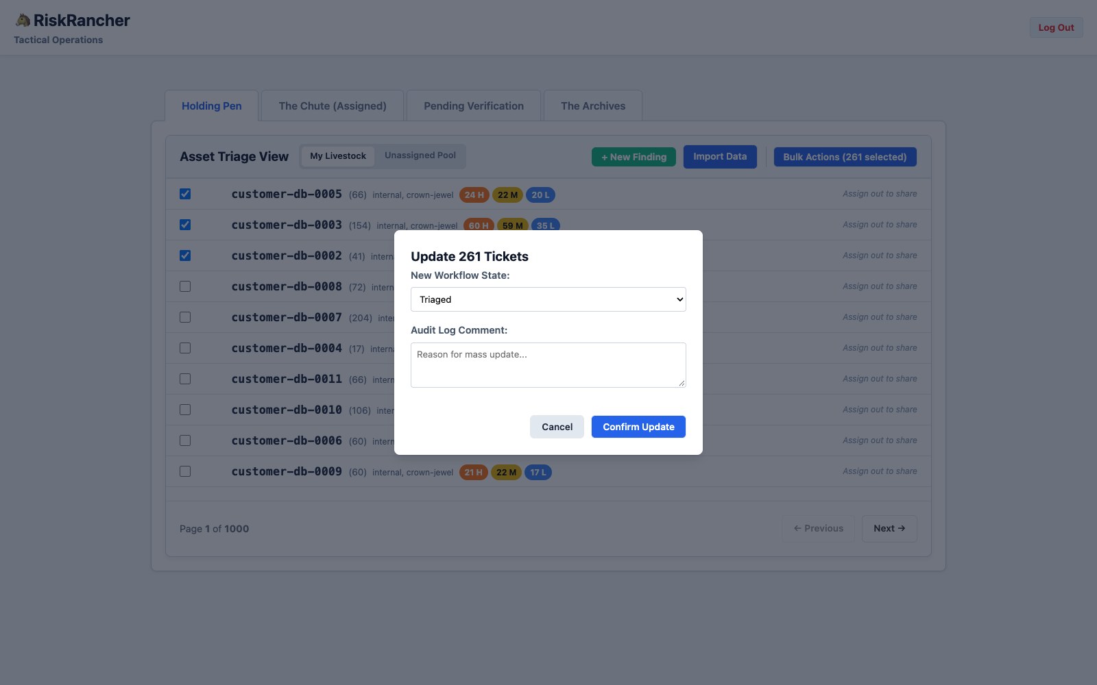 The bulk update modal reading Update 261 Tickets, with a workflow state dropdown and a required audit comment.