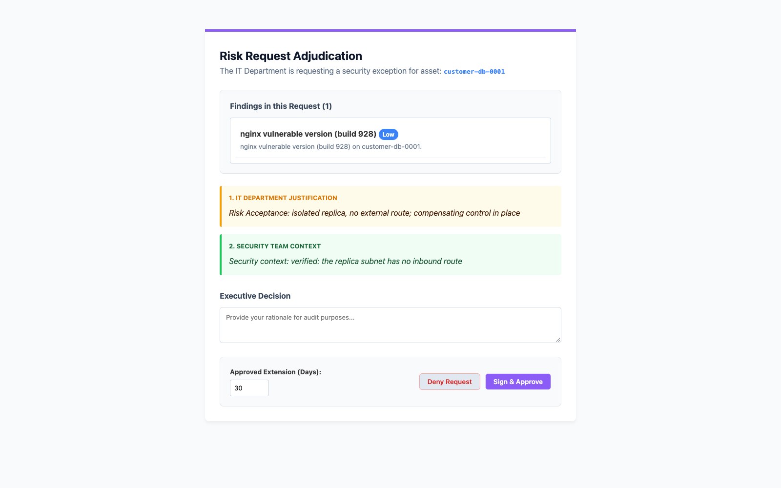 The risk approver&rsquo;s page, reached by link: one Critical finding on customer-db-0001, the owner&rsquo;s rationale for accepting the risk, a comment box, and Deny and Sign & Approve buttons.